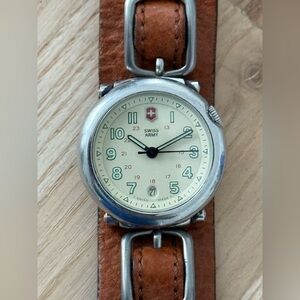 Swiss Army Rare Vintage Ladies Watch Stainless Case Fossil Leather Strap Date